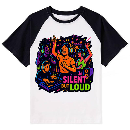 Silent disco dancers with glowing headphones - "Silent But Loud" - unique - Contrast Raglan T-shirt - Black