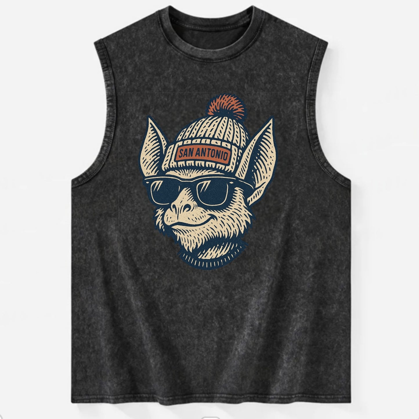 San Antonio Bat wearing San Antonio beanie with pom pom and wayfarer - Vintage Washed Tank - Black