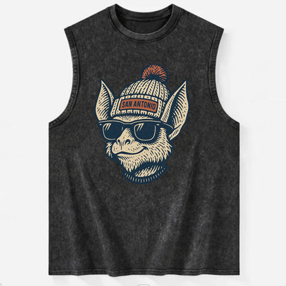 San Antonio Bat wearing San Antonio beanie with pom pom and wayfarer - Vintage Washed Tank - Black