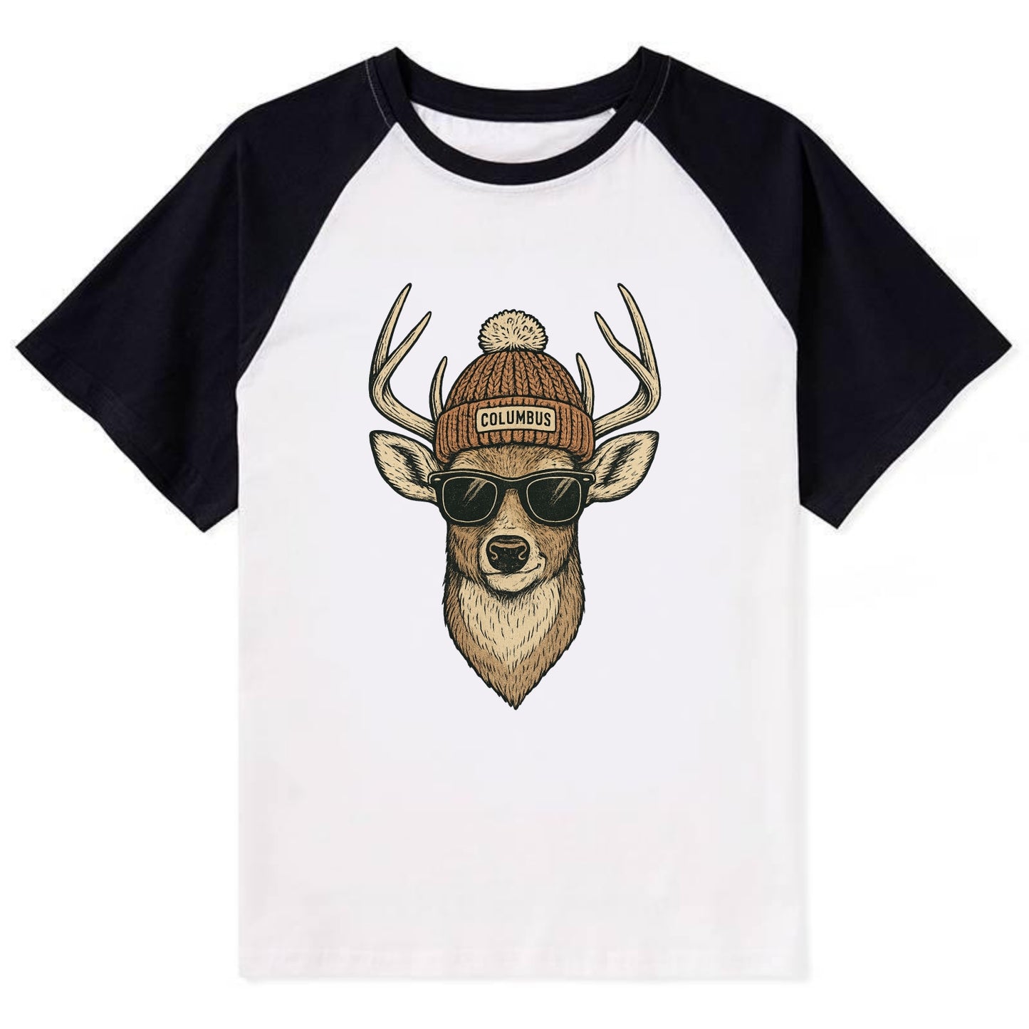Ohio White-tailed Deer wearing Columbus beanie with pom pom and wayfarer - Contrast Raglan T-shirt - Black