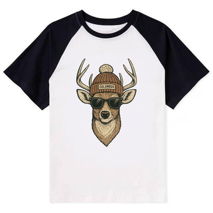 Ohio White-tailed Deer wearing Columbus beanie with pom pom and wayfarer - Contrast Raglan T-shirt - Black