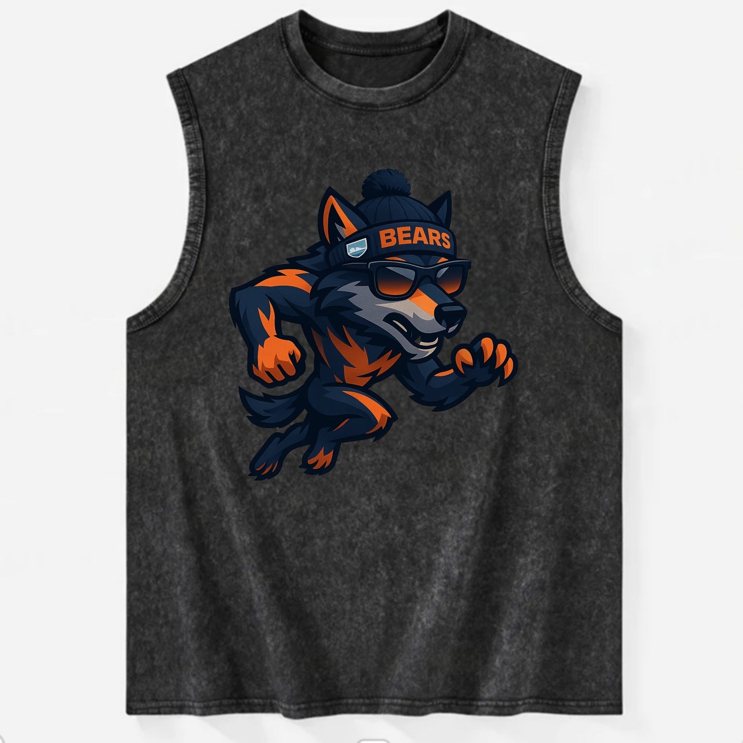 Chicago Wolf wearing Bears beanie with Lake Michigan patch and wayfarer - Vintage Washed Tank - Black