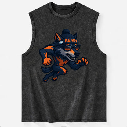 Chicago Wolf wearing Bears beanie with Lake Michigan patch and wayfarer - Vintage Washed Tank - Black