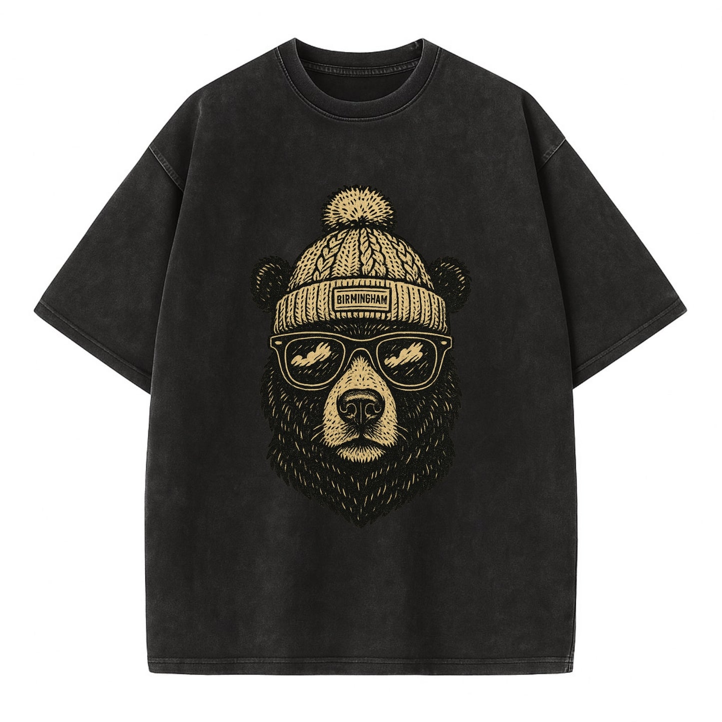 Alabama Black Bear wearing Birmingham beanie with pom pom and wayfarer sunglasses - Vintage T-shirt - Black
