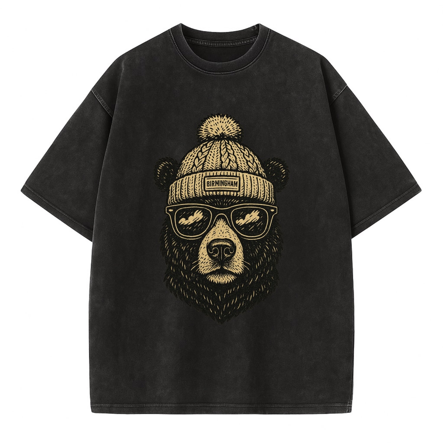 Alabama Black Bear wearing Birmingham beanie with pom pom and wayfarer sunglasses - Vintage T-shirt - Black