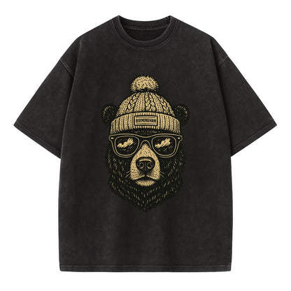 Alabama Black Bear wearing Birmingham beanie with pom pom and wayfarer sunglasses - Vintage T-shirt - Black