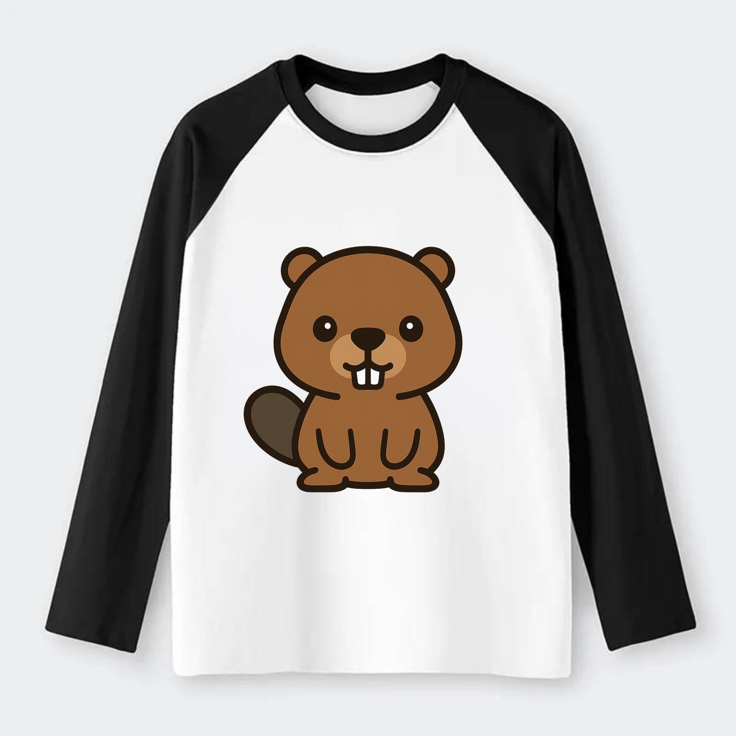 Baby Beaver - brown fur, paddle tail, buck teeth, friendly eyes, - Raglan Long Sleeve T-Shirt - Black