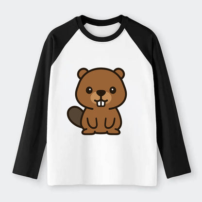 Baby Beaver - brown fur, paddle tail, buck teeth, friendly eyes, - Raglan Long Sleeve T-Shirt - Black