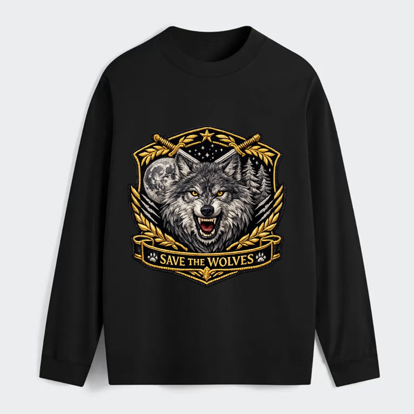 SAVE THE WOLVES - wolf moon in gray , predator protection - Classic Long Sleeve Shirt - Black