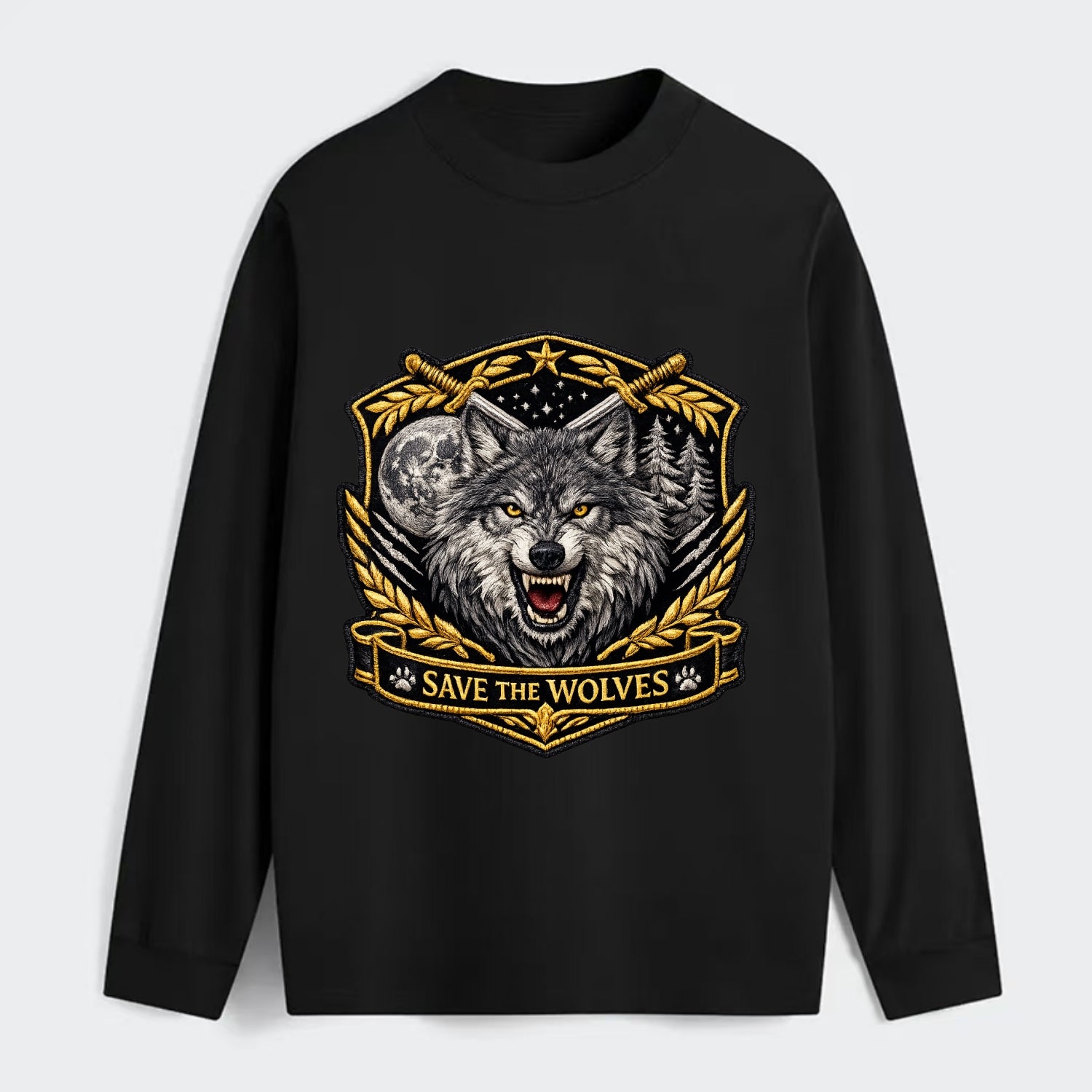 SAVE THE WOLVES - wolf moon in gray , predator protection - Classic Long Sleeve Shirt - Black