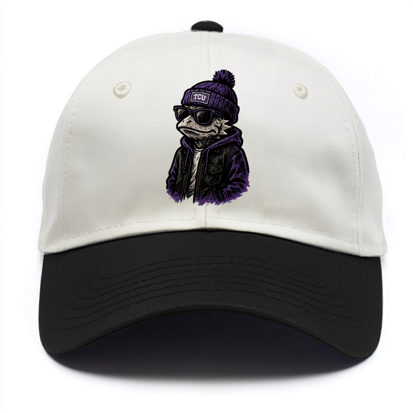 Fort Worth Frog wearing TCU beanie with horned patch - Two Tone Cap - Black