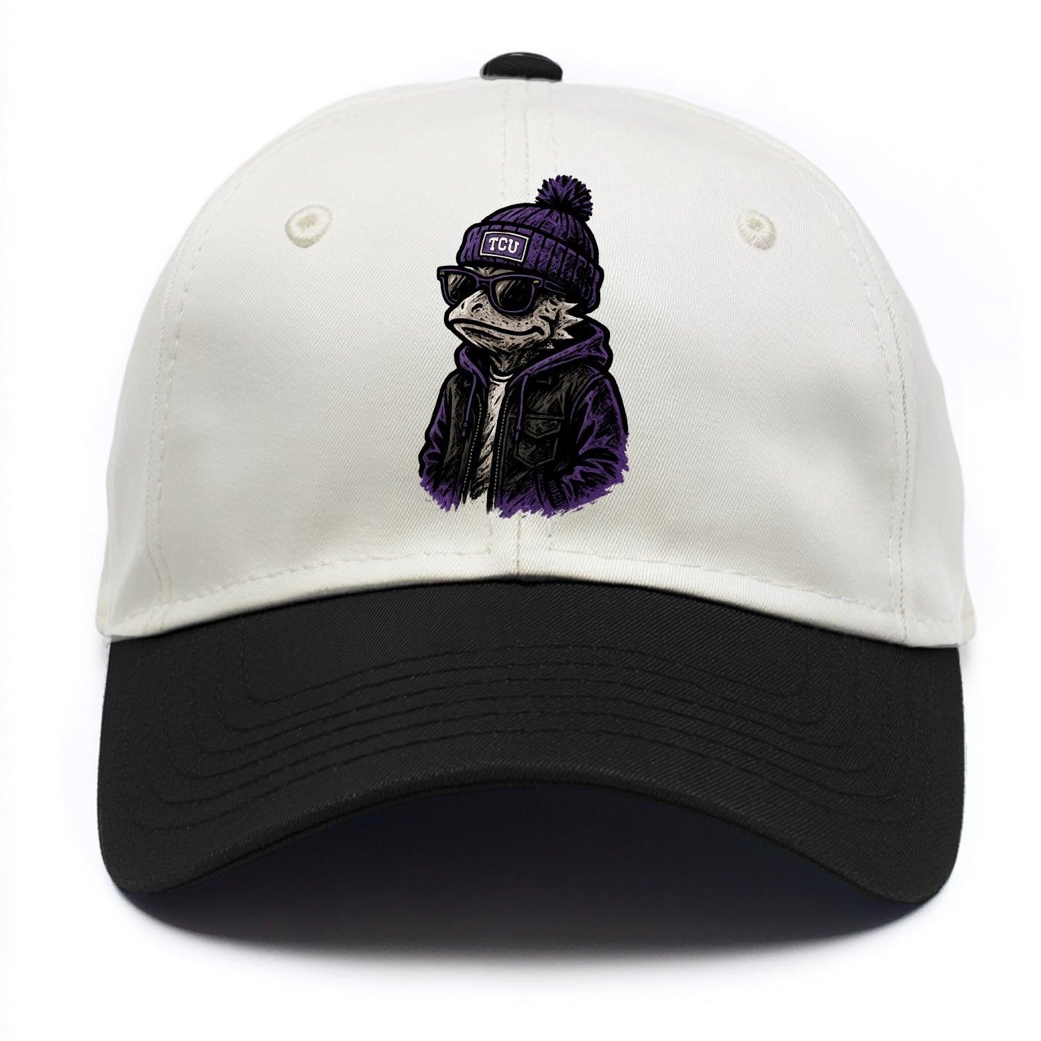 Fort Worth Frog wearing TCU beanie with horned patch - Two Tone Cap - Black