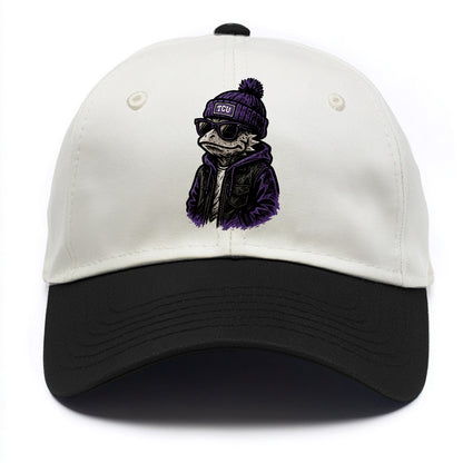 Fort Worth Frog wearing TCU beanie with horned patch - Two Tone Cap - Black