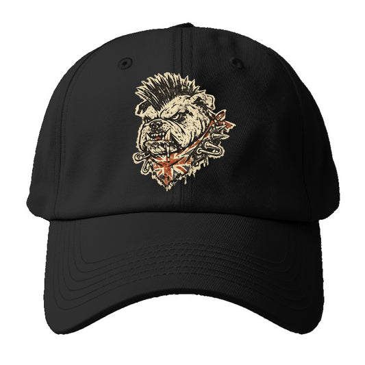 PUNK BULLDOG | British bulldog with mohawk | Safety pins through collar | Union Jack - Baseball Cap - Black
