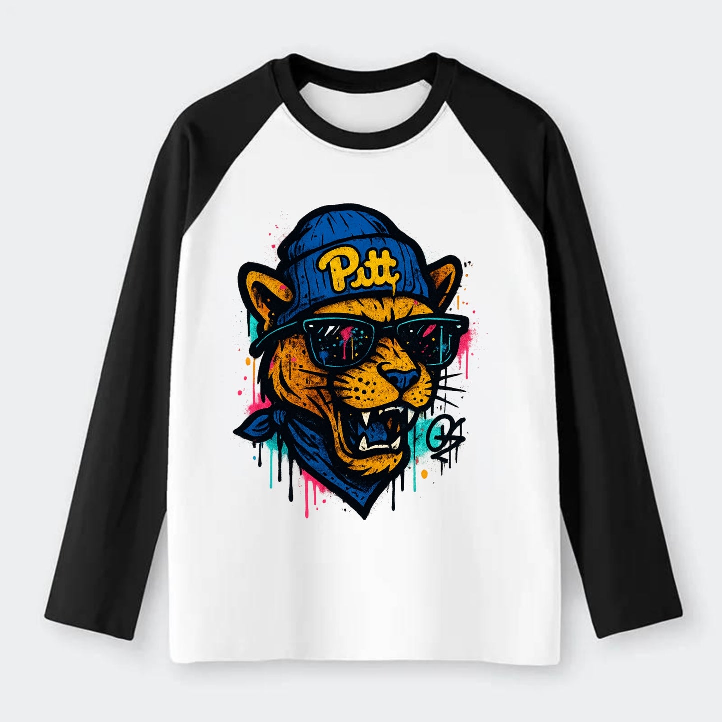 Pittsburgh Panther wearing Pitt beanie with script patch - Raglan Long Sleeve T-Shirt - Black