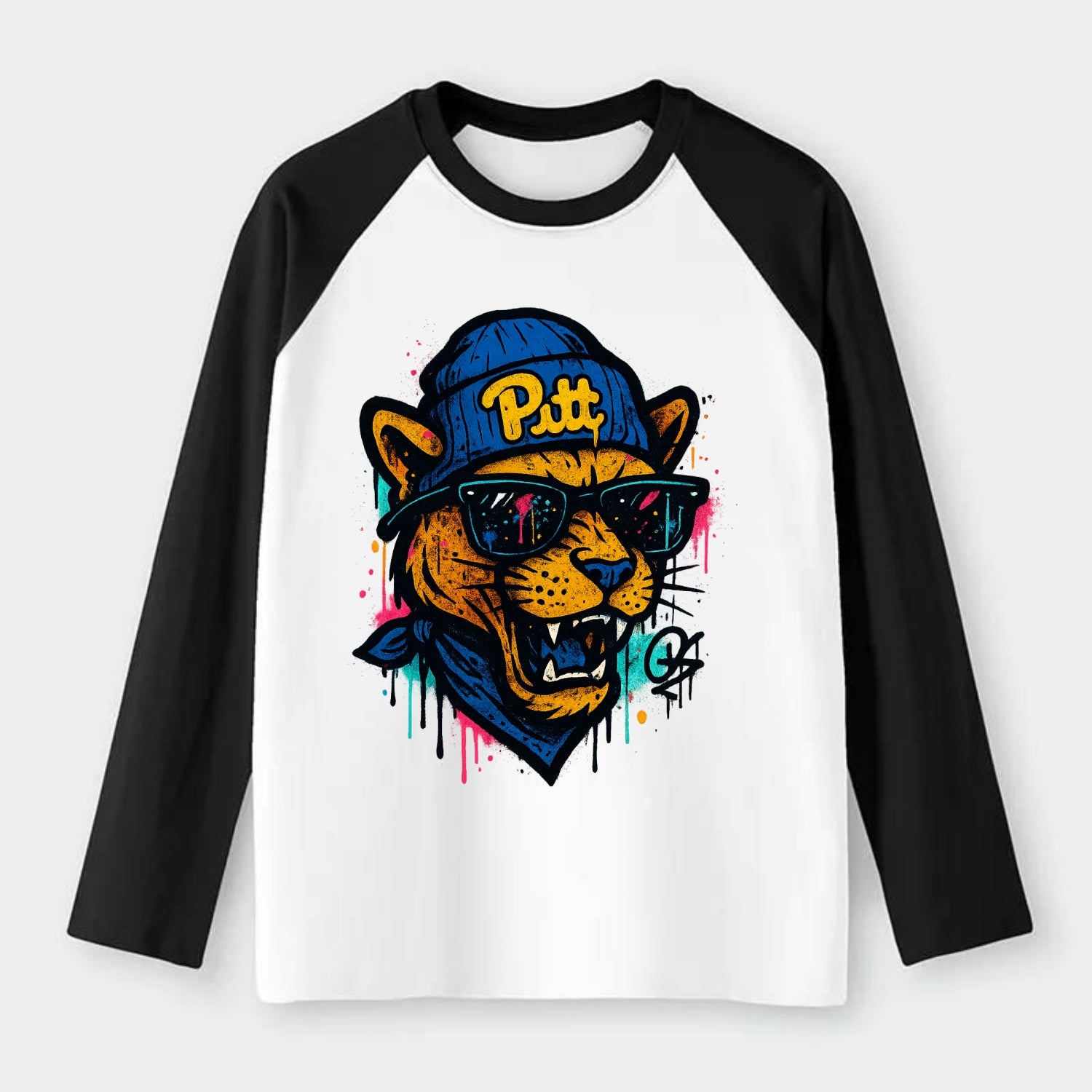 Pittsburgh Panther wearing Pitt beanie with script patch - Raglan Long Sleeve T-Shirt - Black