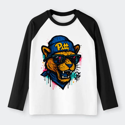 Pittsburgh Panther wearing Pitt beanie with script patch - Raglan Long Sleeve T-Shirt - Black