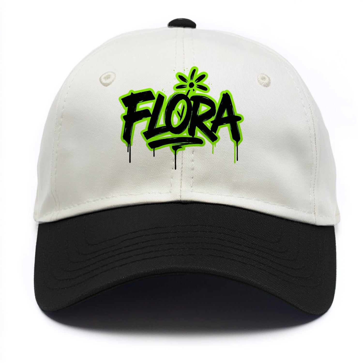 Bold typography design - "FLORA" - plant life, blooming - Two Tone Cap - Black