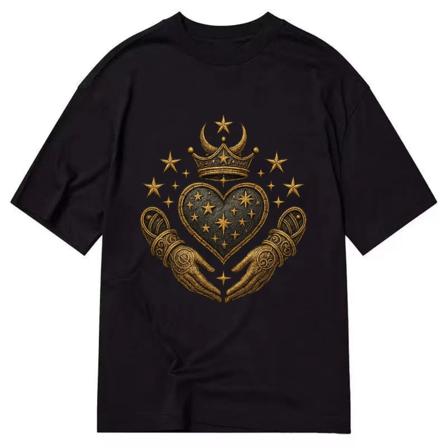 Weathered antique brass crown above a hammered gunmetal heart framed by ivy-woven - Classic T-shirt - Black