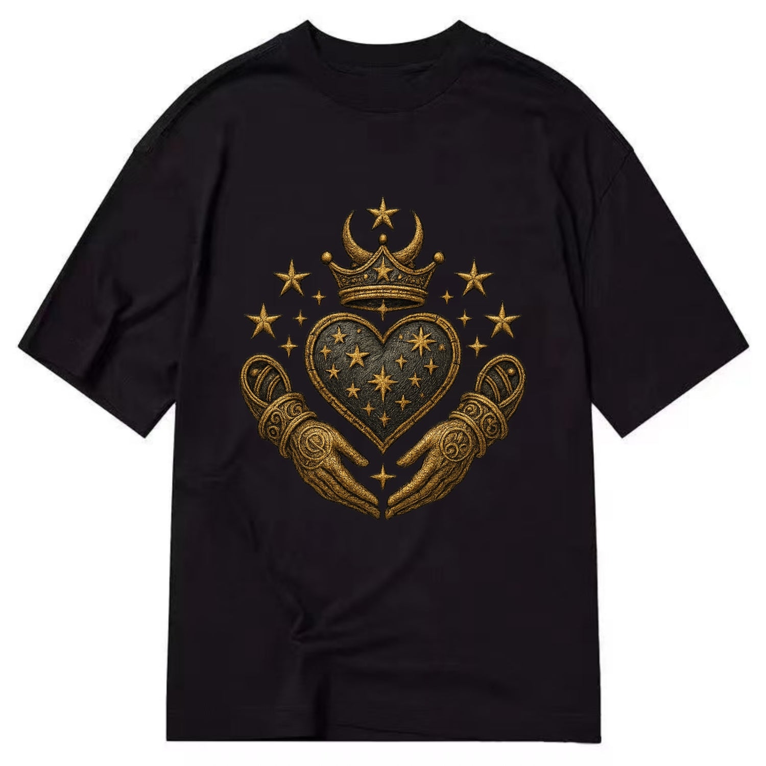 Weathered antique brass crown above a hammered gunmetal heart framed by ivy-woven - Classic T-shirt - Black