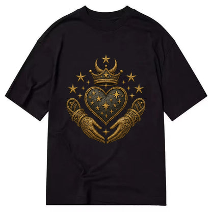 Weathered antique brass crown above a hammered gunmetal heart framed by ivy-woven - Classic T-shirt - Black