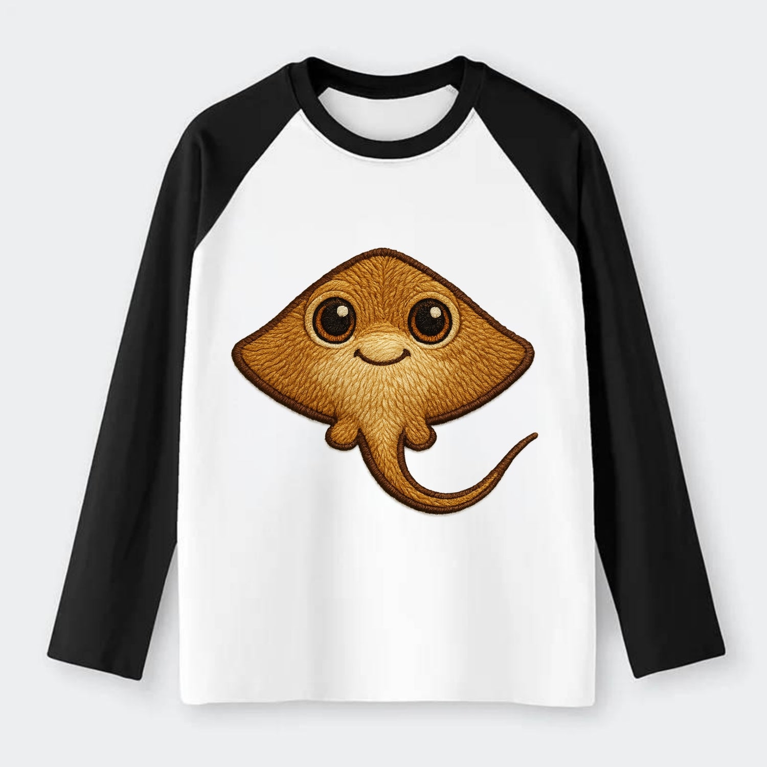Baby Stingray - flat body, long tail, eyes on top, front-facing, - Raglan Long Sleeve T-Shirt - Black