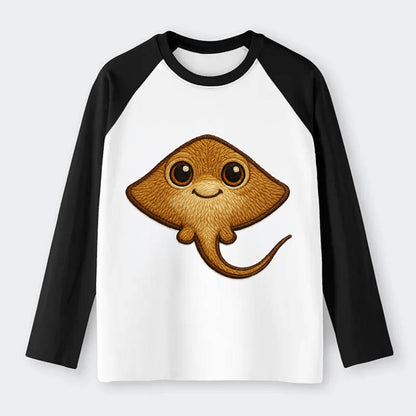 Baby Stingray - flat body, long tail, eyes on top, front-facing, - Raglan Long Sleeve T-Shirt - Black