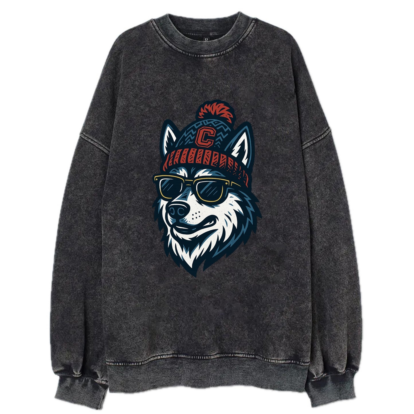 Storrs Husky wearing UConn beanie with C patch - Vintage Sweatshirt - Black