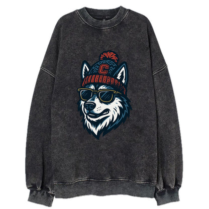 Storrs Husky wearing UConn beanie with C patch - Vintage Sweatshirt - Black