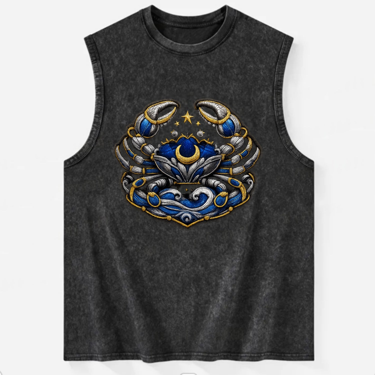 CANCER CRAB - protective crab in silver and blue , water sign - Vintage Washed Tank - Black