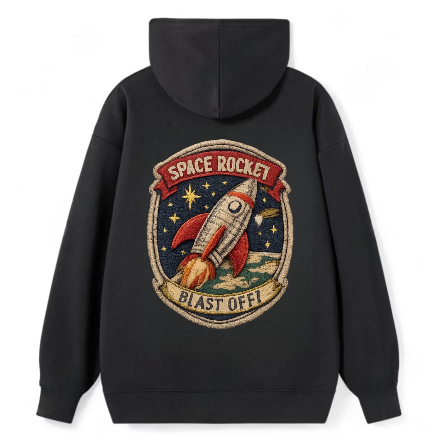 RETRO ROCKET - 1950s space rocket in silver and red , atomic age - Classic Pullover Hoodie - Black