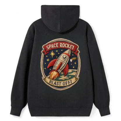RETRO ROCKET - 1950s space rocket in silver and red , atomic age - Classic Pullover Hoodie - Black