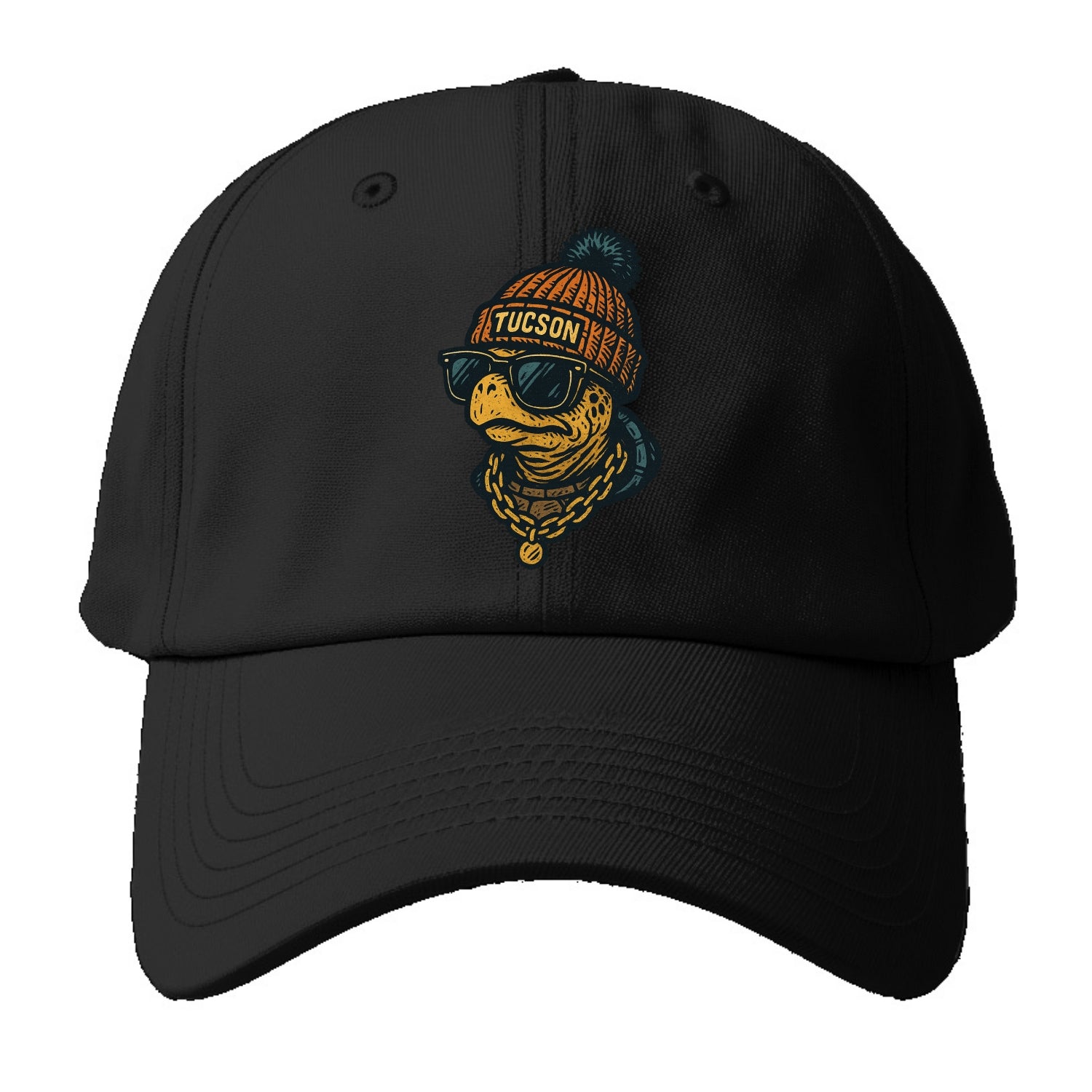 Tucson Desert Tortoise wearing Tucson beanie with pom pom and wayfarer - Baseball Cap For Big Heads - Black