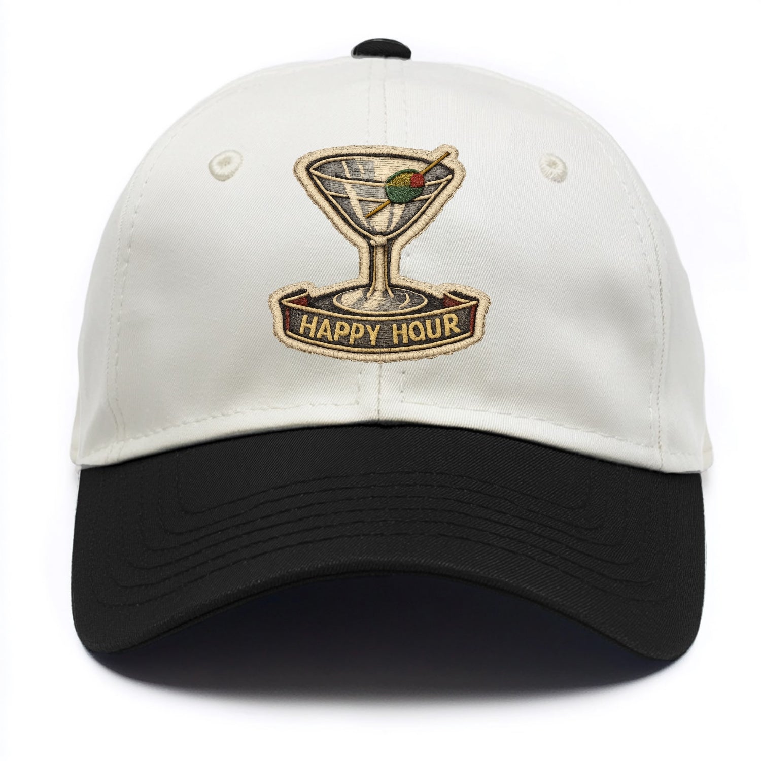 COCKTAIL MARTINI - martini glass with olive in silver and green , happy hour - Two Tone Cap - Black