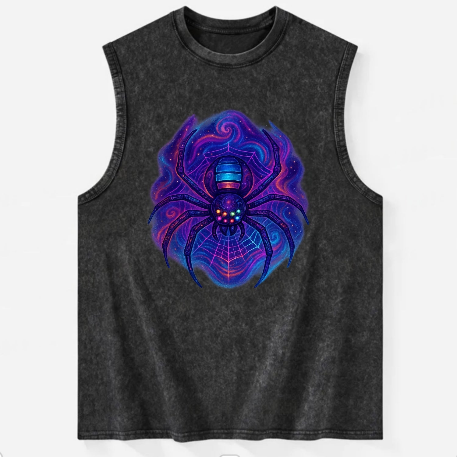 Tech spider with legs showing circuit board patterns, web glowing in neon - Vintage Washed Tank - Black