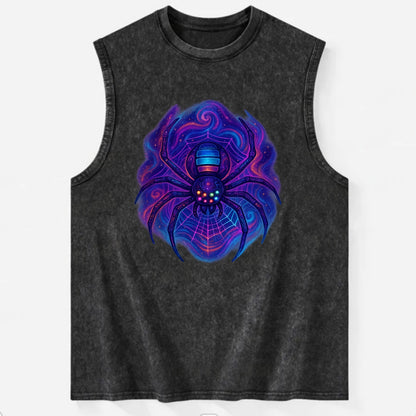 Tech spider with legs showing circuit board patterns, web glowing in neon - Vintage Washed Tank - Black