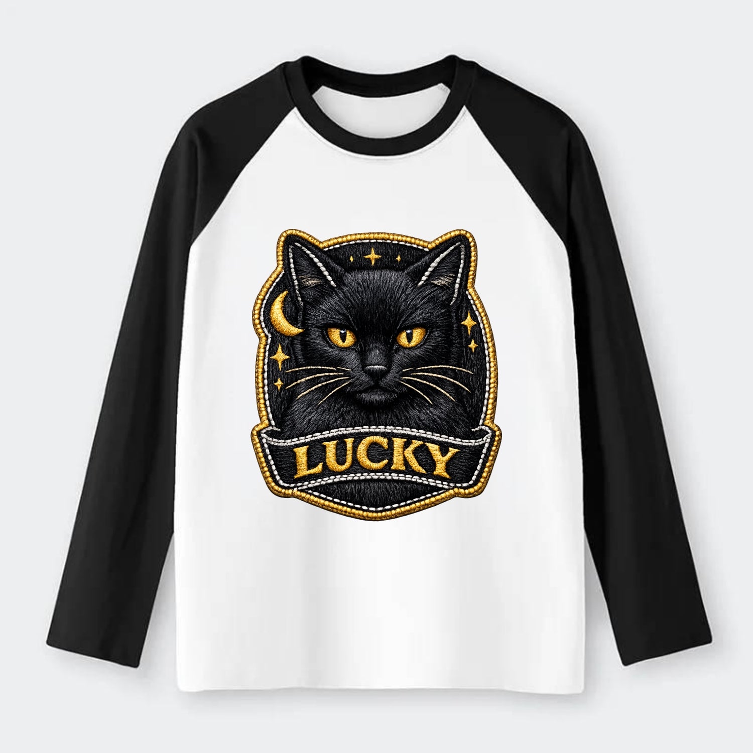 BLACK CAT LUCKY - sleek black cat with gold eyes in black , mysterious - Raglan Long Sleeve T-Shirt - Black