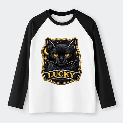 BLACK CAT LUCKY - sleek black cat with gold eyes in black , mysterious - Raglan Long Sleeve T-Shirt - Black