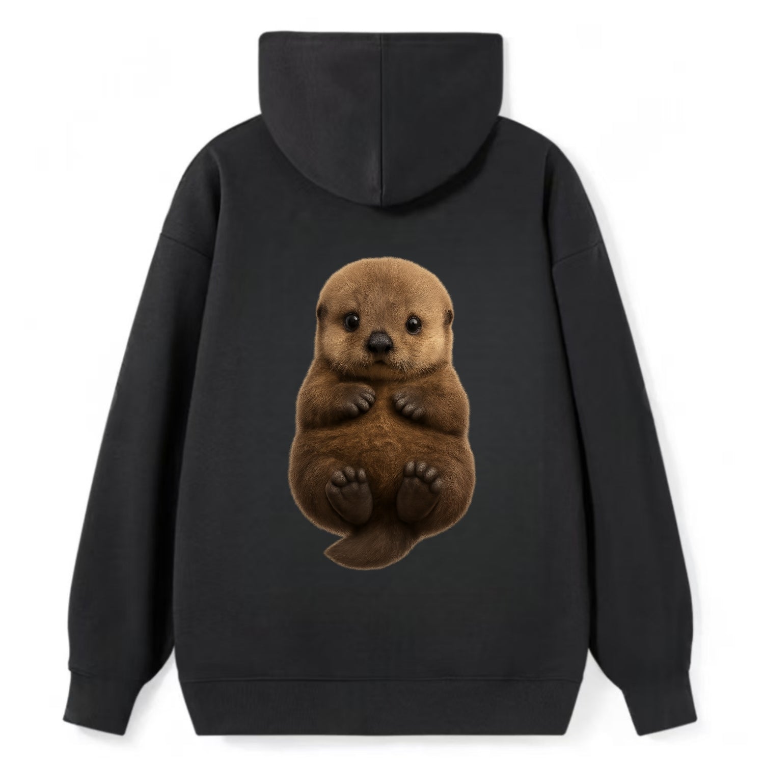Baby Sea Otter - brown fluffy, floating on back, tiny paws, bright eyes, - Classic Pullover Hoodie - Black