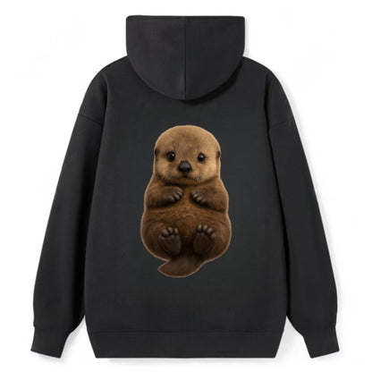 Baby Sea Otter - brown fluffy, floating on back, tiny paws, bright eyes, - Classic Pullover Hoodie - Black
