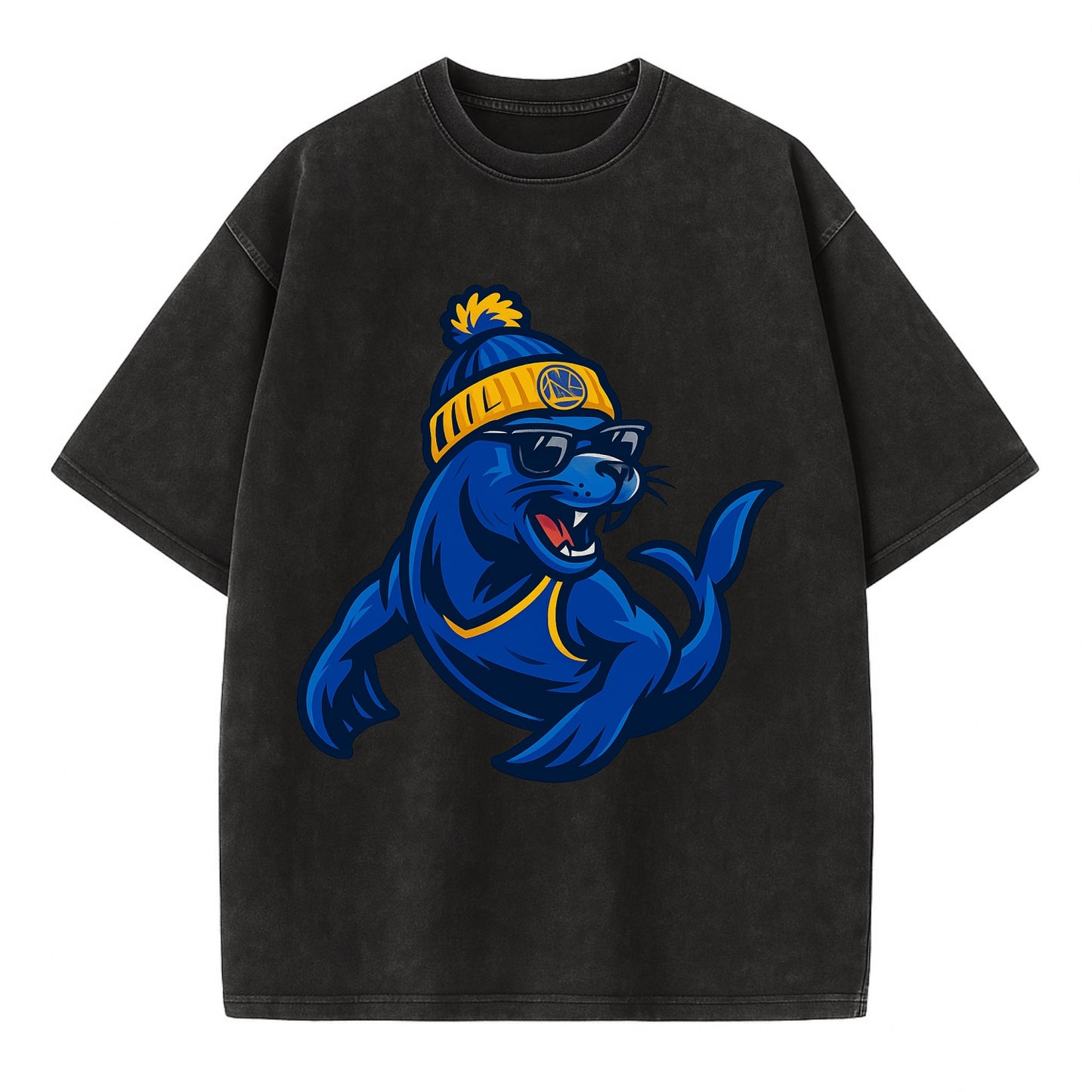 Bay Area Sea Lion wearing Warriors blue and gold beanie with Golden Gate and - Vintage T-shirt - Black