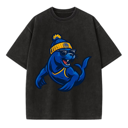 Bay Area Sea Lion wearing Warriors blue and gold beanie with Golden Gate and - Vintage T-shirt - Black