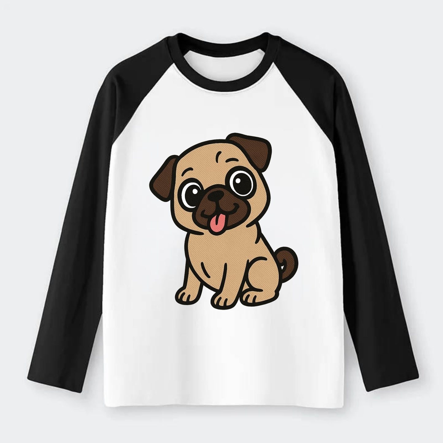 Pug - Tilted head with tongue out - Raglan Long Sleeve T-Shirt - Black