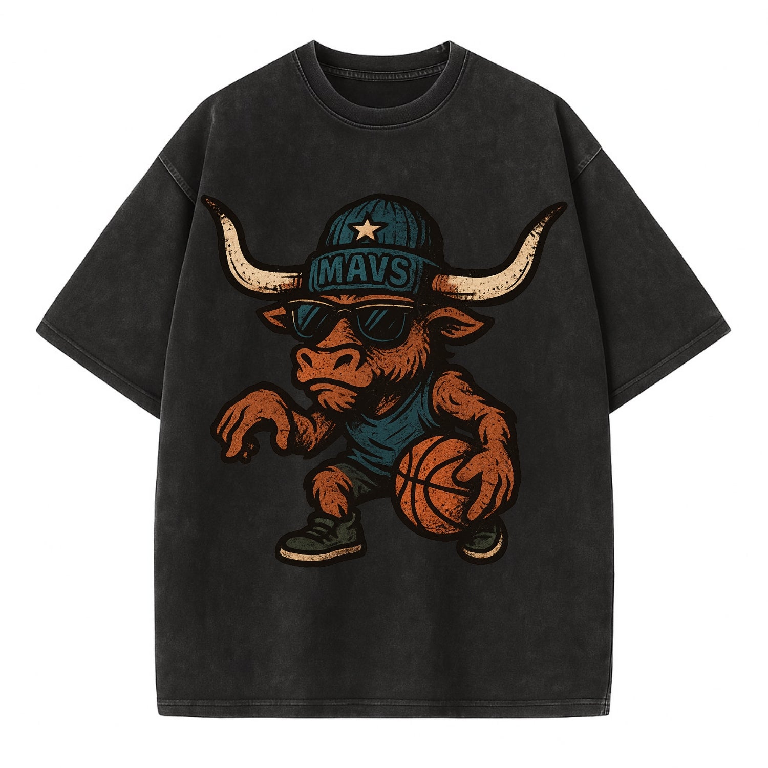 Texas Longhorn wearing Mavs beanie with lone star patch and wayfarer sunglasses - Vintage T-shirt - Black