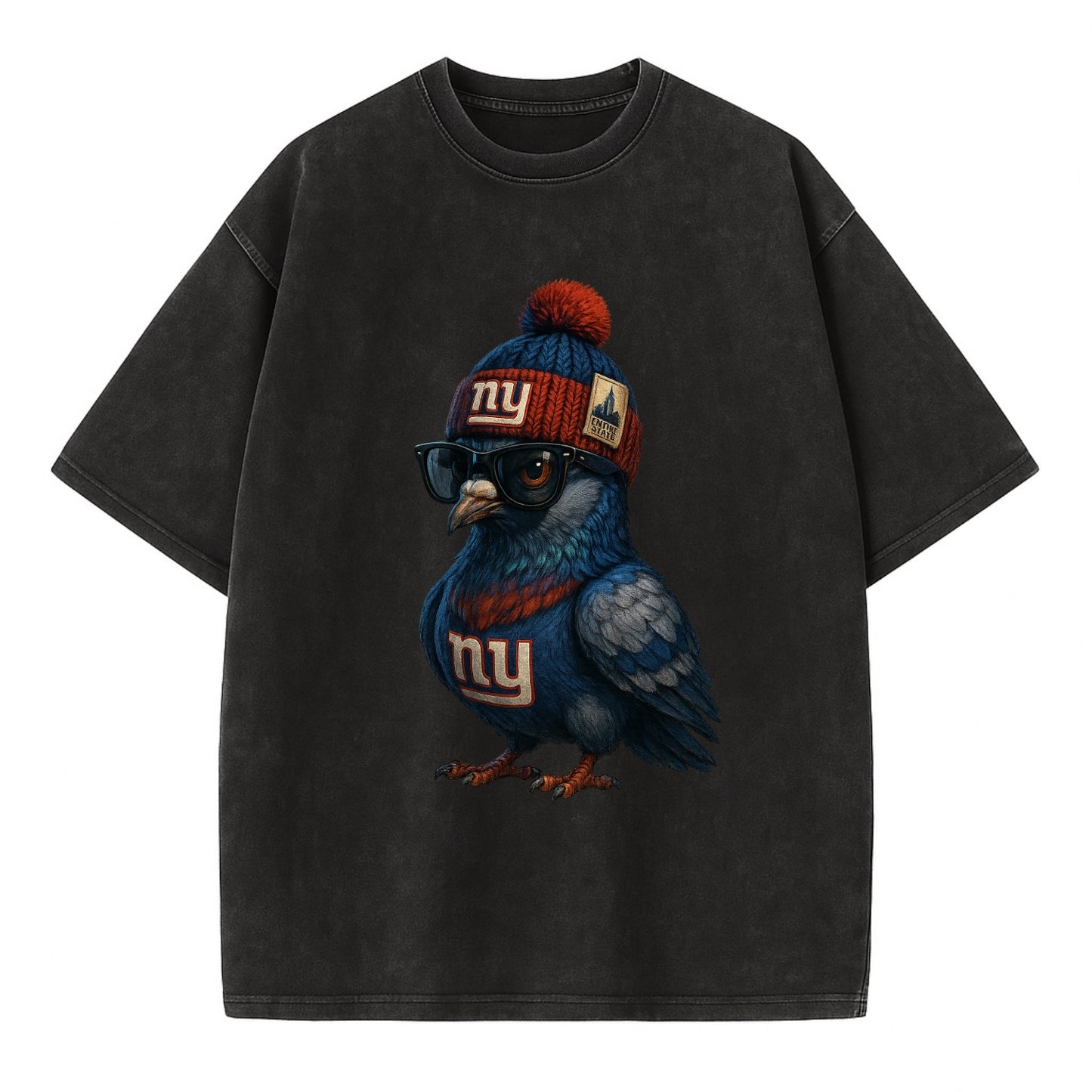 Manhattan Pigeon wearing Giants beanie with Empire State patch and wayfarer - Vintage T-shirt - Black
