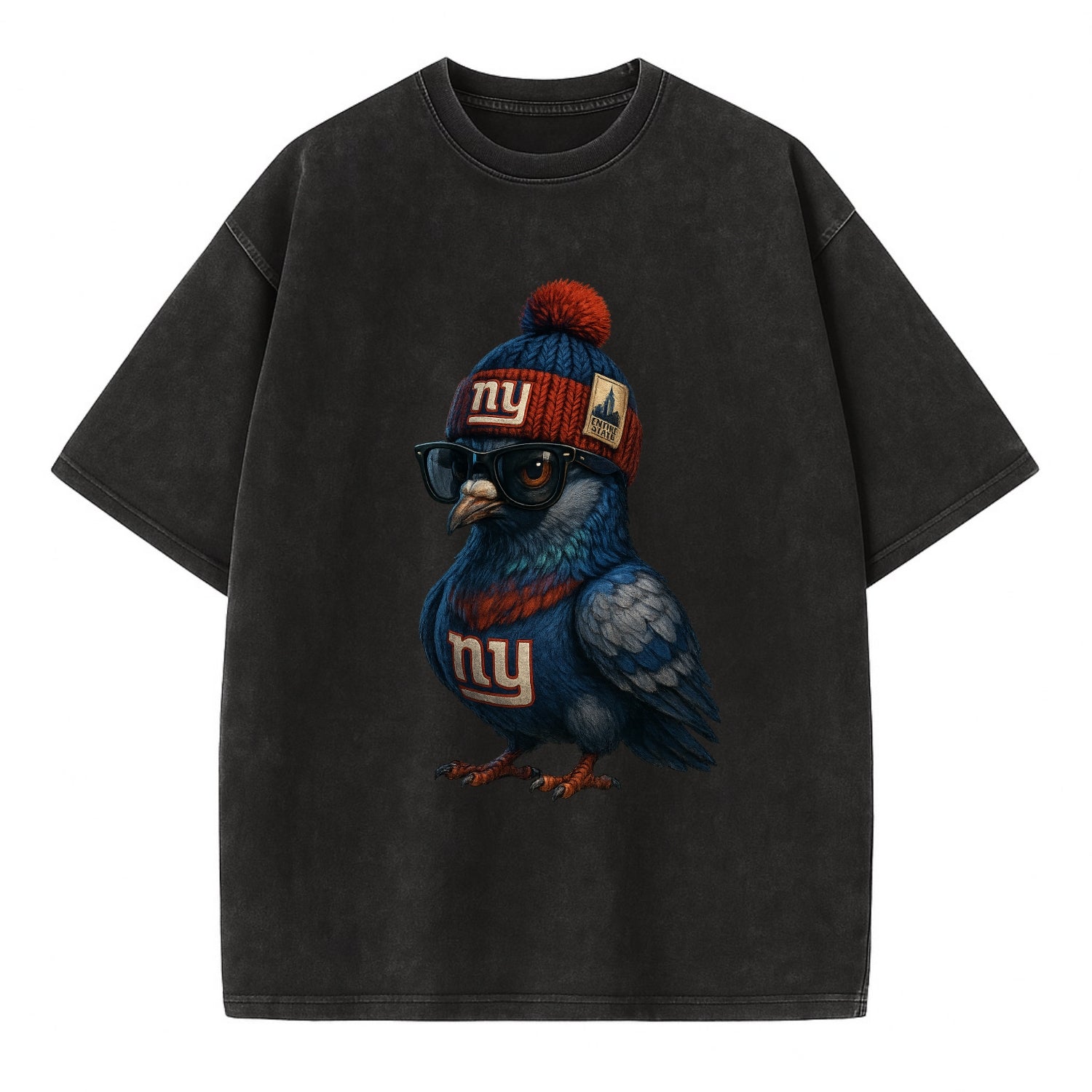 Manhattan Pigeon wearing Giants beanie with Empire State patch and wayfarer - Vintage T-shirt - Black