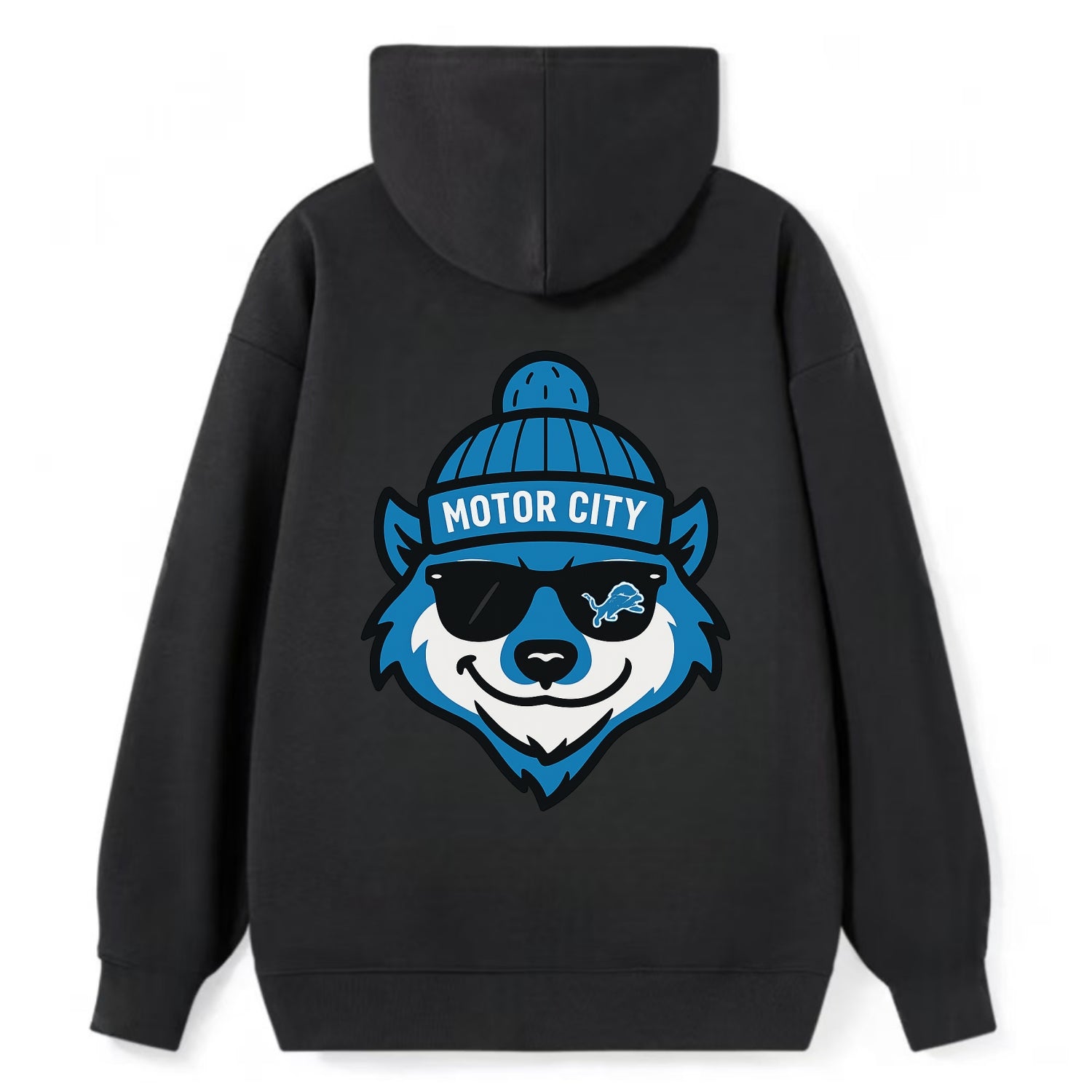 Motor City Wolverine wearing Lions beanie with gear patch and wayfarer - Classic Pullover Hoodie - Black