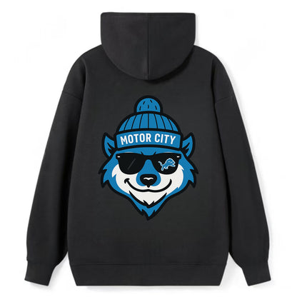 Motor City Wolverine wearing Lions beanie with gear patch and wayfarer - Classic Pullover Hoodie - Black