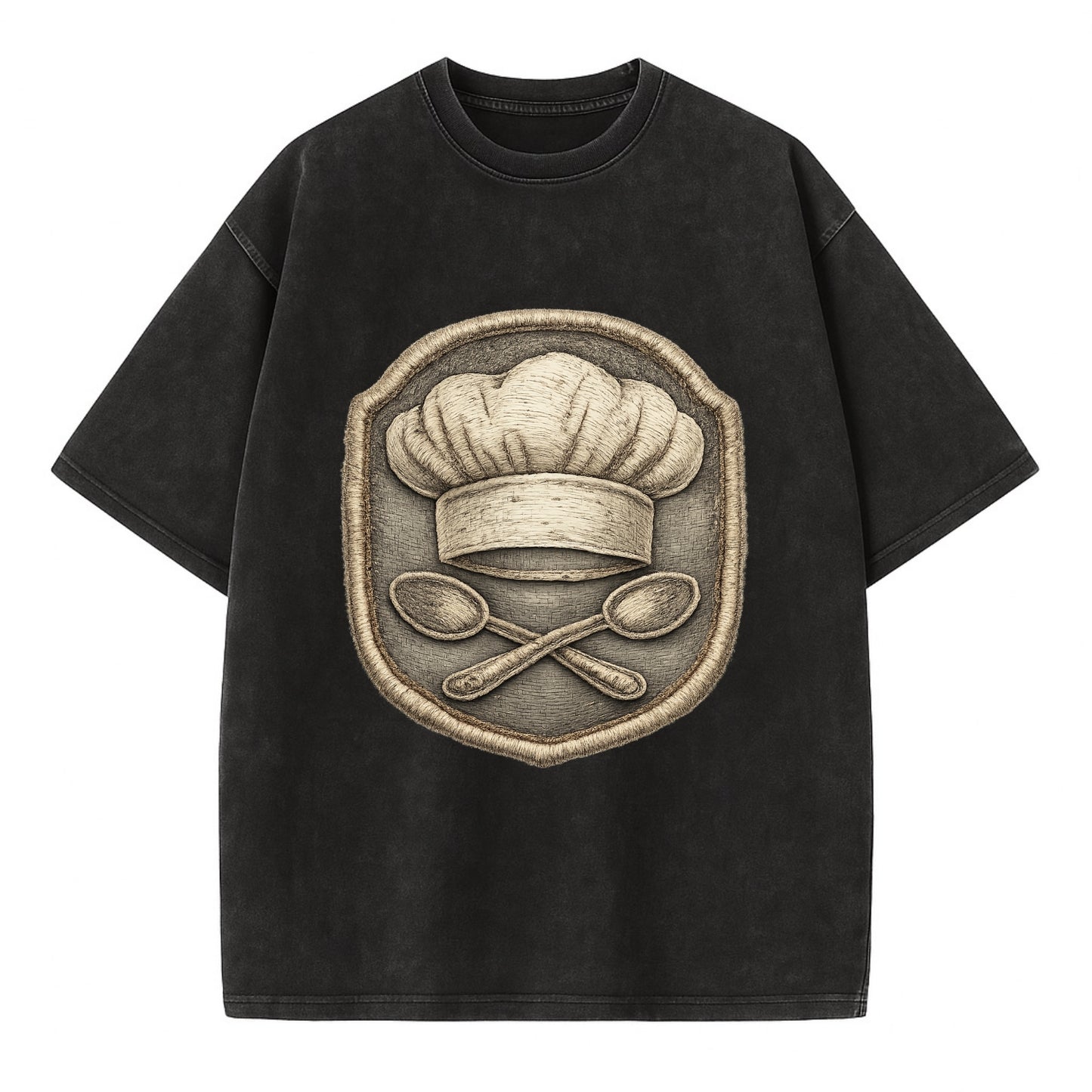 Embroidered patch design - COOKING CHEF HAT - toque blanche with crossed spoons - Vintage T-shirt - Black