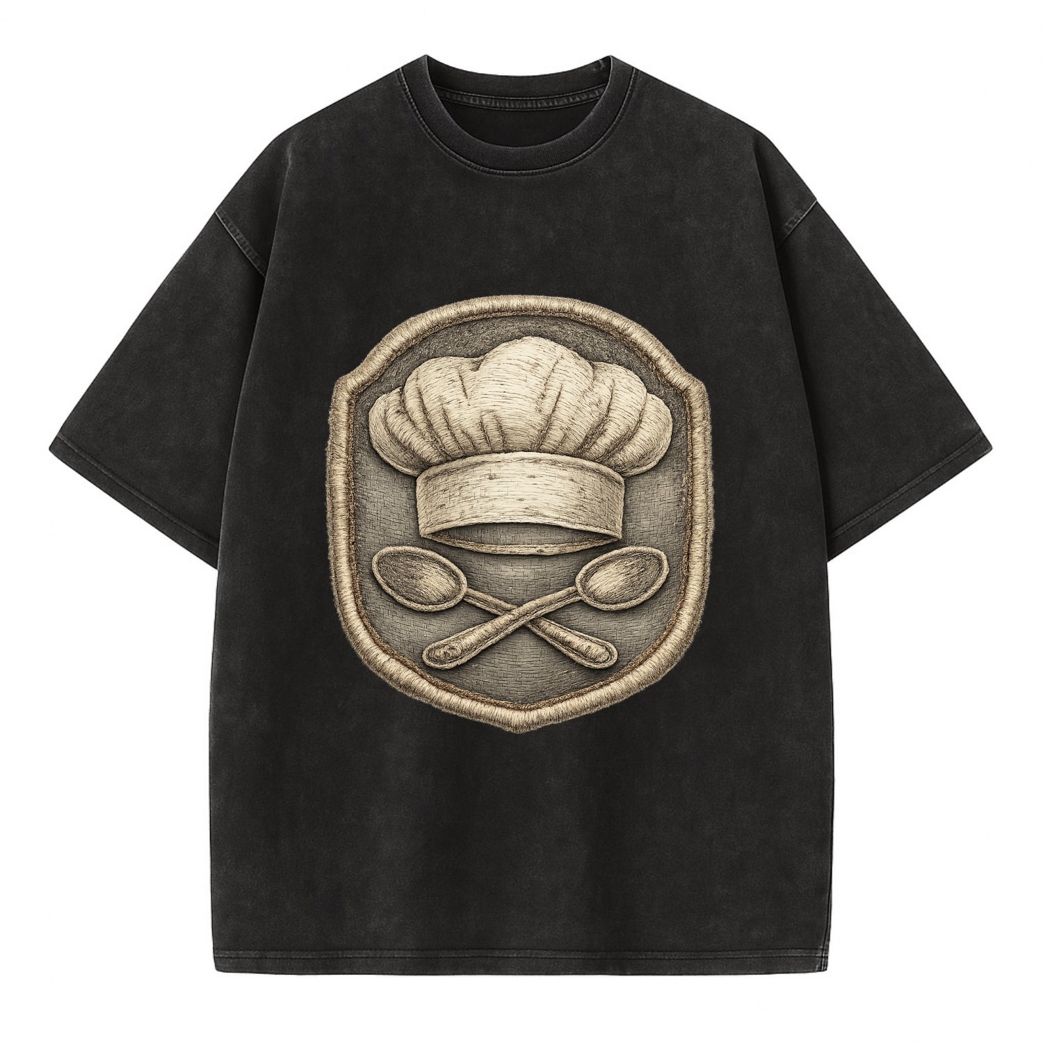Embroidered patch design - COOKING CHEF HAT - toque blanche with crossed spoons - Vintage T-shirt - Black